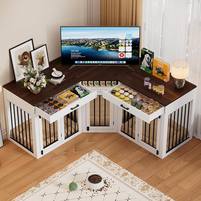 PAKASEPT Extra Large Corner Dog Crate Furniture for 3 Dogs,3 in 1 Wooden Dog Crate Kennel with 2 Drawers,Divider,Power Outlet,Heavy Duty Double Dog Kennel Indoor for Small,Medium,Large Dogs,White ﻿