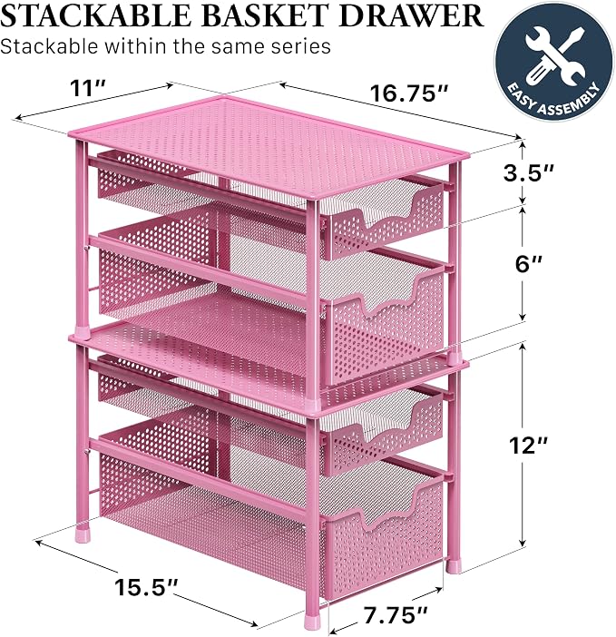 Simple Houseware Stackable 2 Tier Sliding Basket Organizer Drawer, Pink