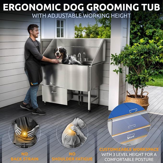 Professional Dog Washing Station 304 Stainless Steel Pet Wash Sink | Grooming Bathtub w/Shower, Floor Grates and Storage for Large, Medium & Small Pets