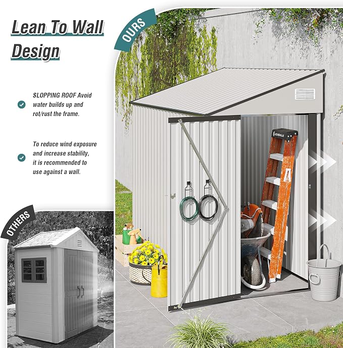 4x8FT Metal Storage Shed, Sloping Roof, Single Hinge Door, White | Outdoor Tool Shed | Ventilation Windows | Waterproof | Protective Film | for Patio, Lawn and Utility Equipment