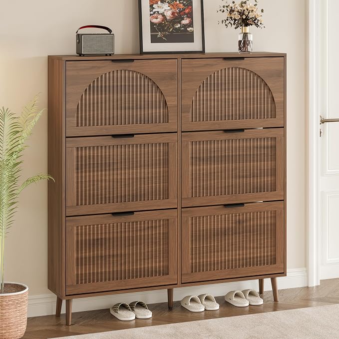 BORNOON Shoe Cabinet for Entryway with 6 Flip Drawers, Slim Wooden Shoe Storage Organizer with Modern Fluted Pannel，Freestanding Narrow Hidden Shoe Rack for Hallway, Foyer, Living Room