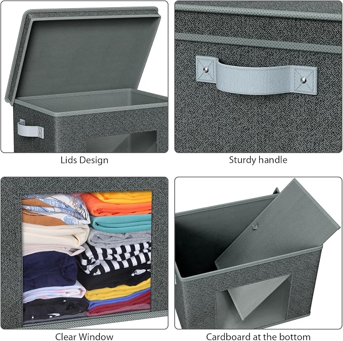 Univivi Fabric Storage Bins with Lids for Closet, 4 Pack, Black | Large Foldable Storage Boxes, Sturdy Collapsible Storage Bins with Clear Window, Storage Bins for Home, Closet, Shelves