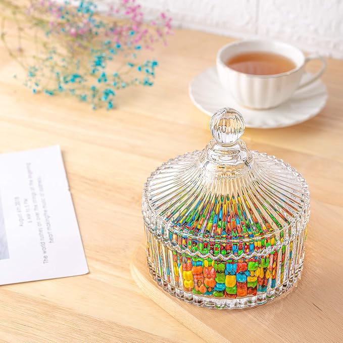 ComSaf 14oz Glass Candy Dish with Lid for Office Desk Small Jar Clear Cute | Covered Candy Storage, Coffee Table Office Desk Bathroom Vanity Decor, Countertop Display, Wedding Favors, Living Room Decor