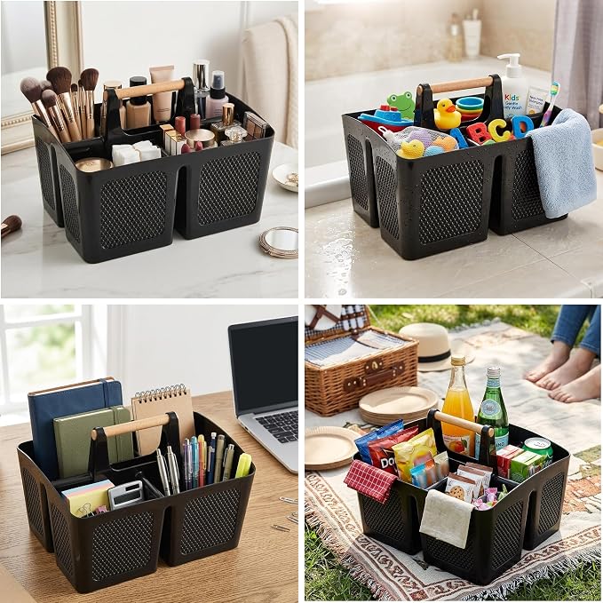 Haundry Plastic Shower Caddy with Wooden Handle, Portable 3-Compartment Bathroom Organizer Basket with Drainage Holes, Quick Dry Shower Basket for Dorm, College, Cleaning Supplies