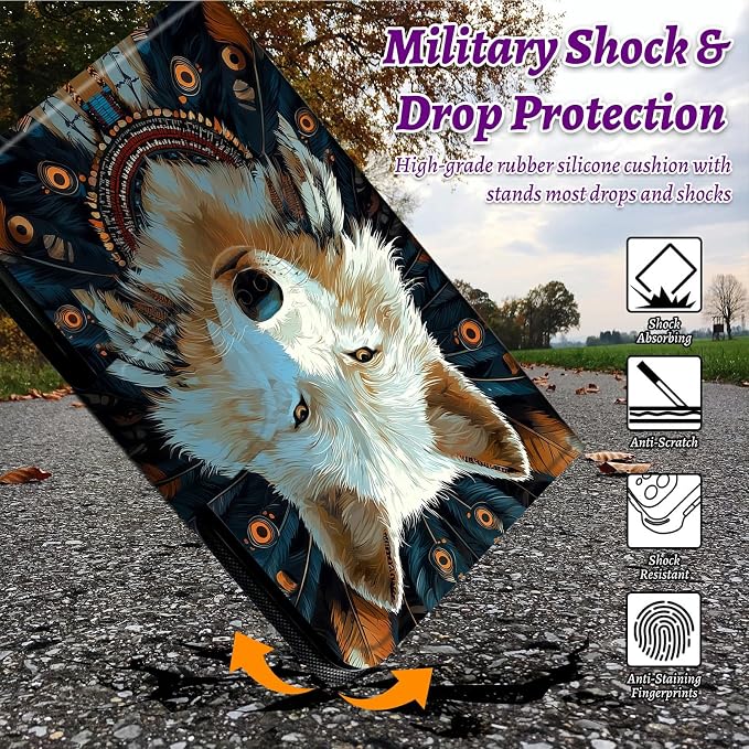 Rotating Handle Case for Samsung Galaxy Tab A11 2026/A9 2024 8.7 Inch, 360 Degree Swivel Kickstand with Magnetic Closure Leather Protective Cover for Women Men, Feathers White Wolf