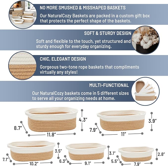 NaturalCozy 5-Piece Rectangle Storage Basket Set- Natural Cotton Rope Woven Baskets for Organizing! Small Basket for Montessori, Baby Nursery, Dog Toy Baskets, Cat Toy Box, Bathroom Organization Bin