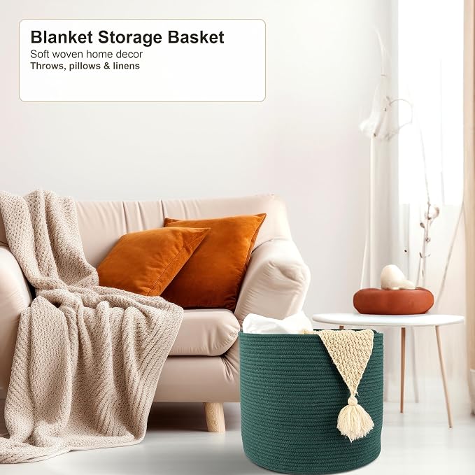 XUANGUO Cotton Rope Basket For Girls Boys Kids 16”X14” dark green | Baby Laundry Baskets, Blanket Basket, Nursery Bin; Round Woven Basket Organizer for Toy Storage, Blankets, Shoes and Clothes