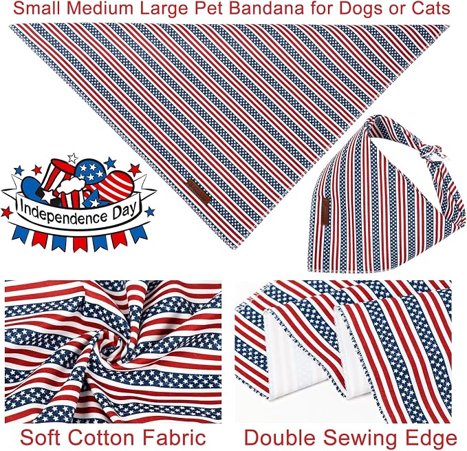 4th of July Dog Bandana, Patriotic Puppy Bandana for Small Medium Dog, Cotton American Flag Pet Triangle Bid Scarf Kerchief for Girl Boy Dogs or Cats