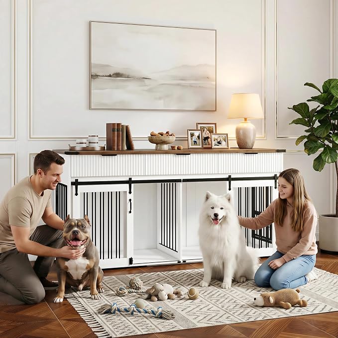 71'' Large Dog Crate for 2 Dogs, Dog Kennel Indoor with 3 Drawers and Removable Divider, Double Dog Crate Furniture with 360° Rotating Feeder, Wooden Dog Cage for Medium Large Dogs (White)