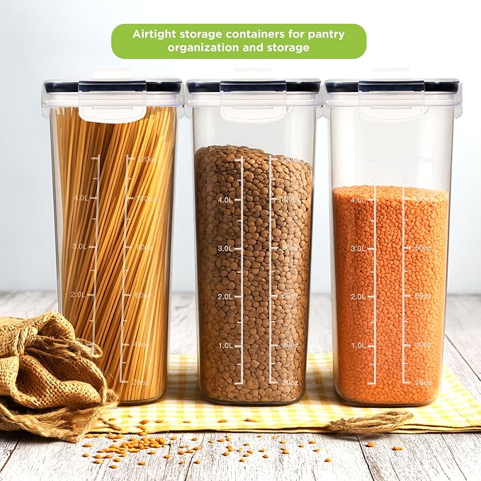 Utopia Kitchen Cereal Containers Storage Set with Lids, 4 Pack, 4L, Clear | Airtight Food Storage Containers with Lids, BPA-Free Cereal Dispensers for Pantry Organization and Storage