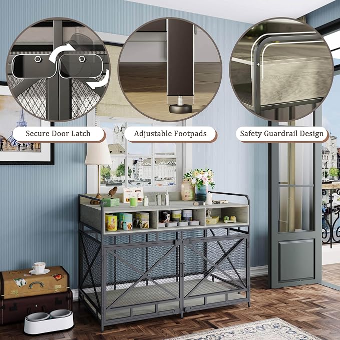 Fulhope Dog Crate Furniture, 48" Heavy Duty Wooden Dog Crate End Table, XL Dog Kennel Furniture Large Breed, Decorative Dog Kennel Indoor with 3 Drawers & Steel Tubes 48" L x28 W x36 H (Grey)