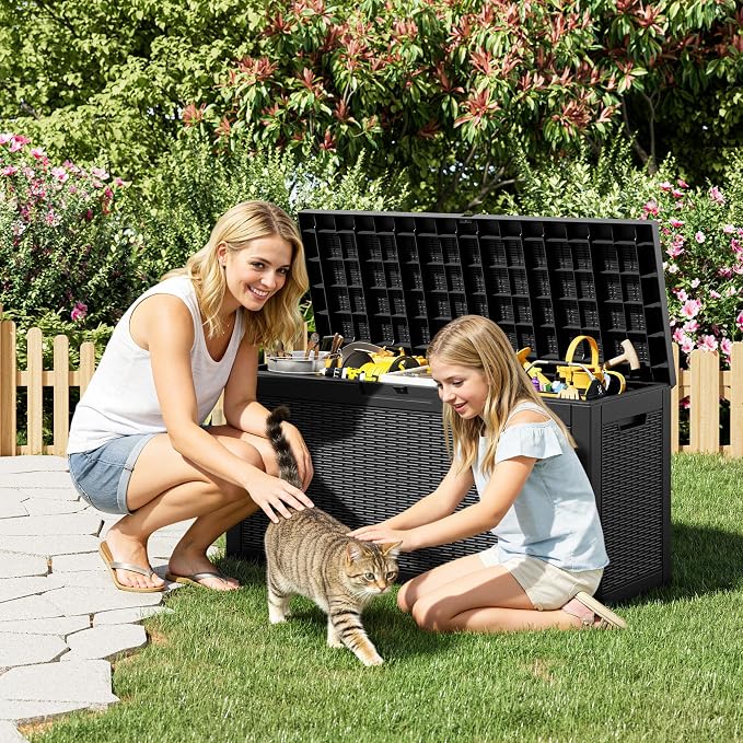75 Gallon Outdoor Storage Box Waterproof Deck Box for Patio | Black, Resin, Weatherproof, Lockable, Compact, Easy Assembly, Patio Cushions Storage, Pool Garden Accessories Organization