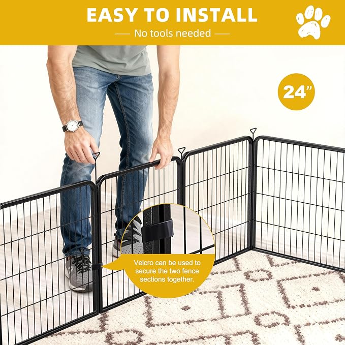 Heavy-Duty Iron Dog Playpen Outdoor Indoor,24 Inch 8 Panels Dog Play Pen | Dog Fences for RV Camping/Yard/Garden,Portable Dog Play Pen for Dogs,Puppies,Small Animals,Black Silver