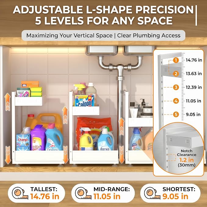 Under Sink Organizer 2 Pack, 2-Tier Metal Slide-Out, Height Adjustable | 2-pack pull-out under sink shelf, 2-tier cream white metal, adjustable height, fits U-pipes, 50lbs hold