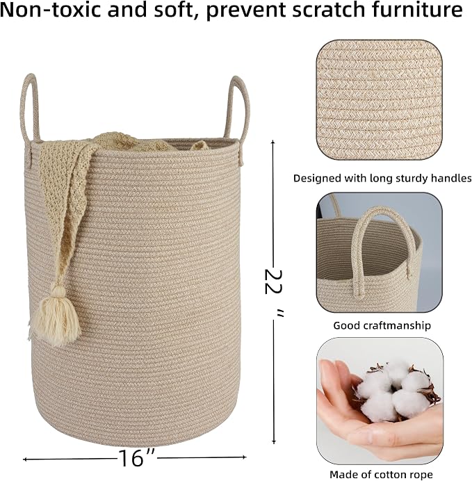 XUANGUO Cotton Rope Laundry Basket Hamper for Clothes Large Oatmeal | Baby Nursery Hamper Bin and Woven Storage Basket for Living Room Bedroom Boho Tall Rope Baskets Blankets Toys Pillows Towels