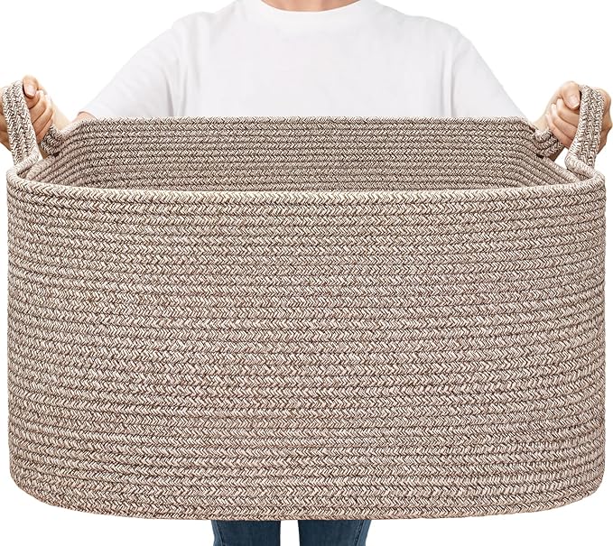 Goodpick Large Woven Rope Blanket Basket, Rectangle, Brown, 75L | 21.6'' x 14.9'' x 11.8'' Storage Basket for Blankets, Toys & Clothes, Living Room & Nursery Organization, Reinforced Handles