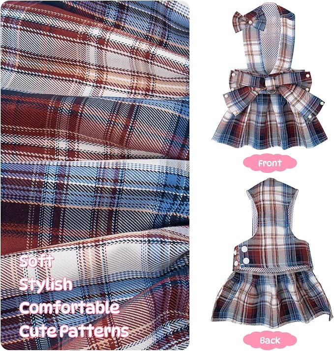 Coppthinktu Plaid Dog Dresses for Small Dogs Girl Bowknot Harness Leash Set