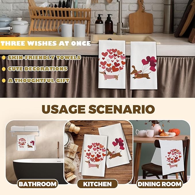 Kitchen Towels Set of 2, Dachshund Dish Towel for Kitchen, Decorative Hand Towels for Bathroom, Fast Drying Tea Towel with Love, Housewarming Gifts for Wiener Dog Lover Women Mom -B02