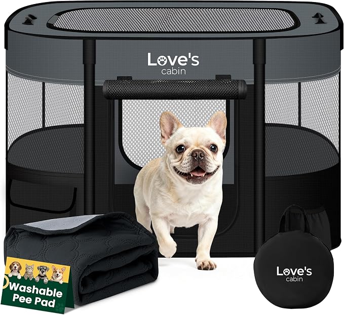 Love's cabin Dog Playpen Cat Pet Puppy Pen,Portable Playpens for Dogs Indoor Outdoor Travel Camping Use,Foldable Kennel Tent Crate for Rabbit Small Animals with Carrying Case (Grey with Pad, Small)