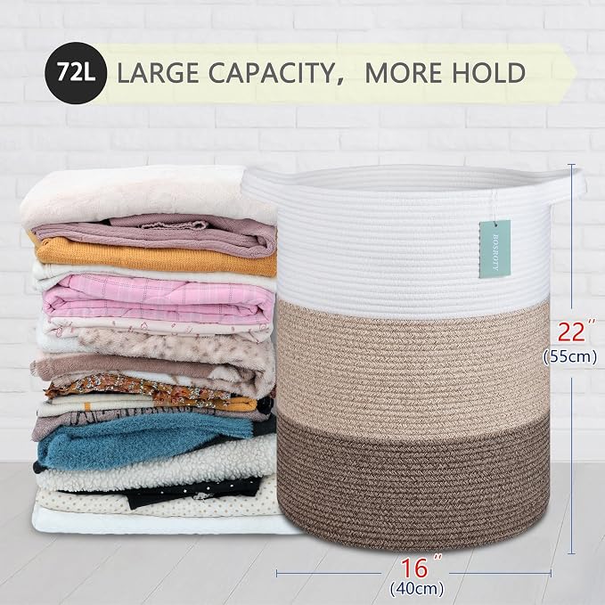 Cotton Rope Blanket Basket, 72L Laundry Hamper, White & Ombre Brown
