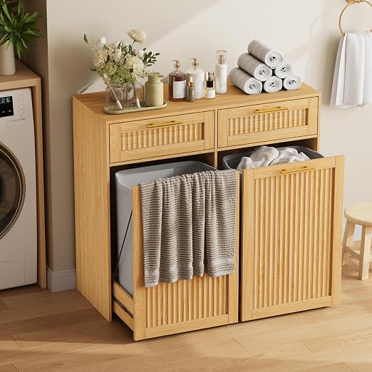 2 X 13 Gallon Pull Out Trash Can Cabinet, Double Trash Cabinet, Natural Oak | Fluted Kitchen Trash Cabinet with Drawers, Freestanding Hidden Garbage Pet Proof Trash Can Holder for Laundry, Living Room