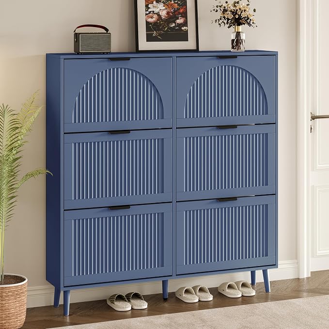 BORNOON Shoe Cabinet for Entryway with 6 Flip Drawers, Slim Wooden Shoe Storage Organizer with Modern Fluted Pannel，Freestanding Narrow Hidden Shoe Rack for Hallway, Foyer, Living Room