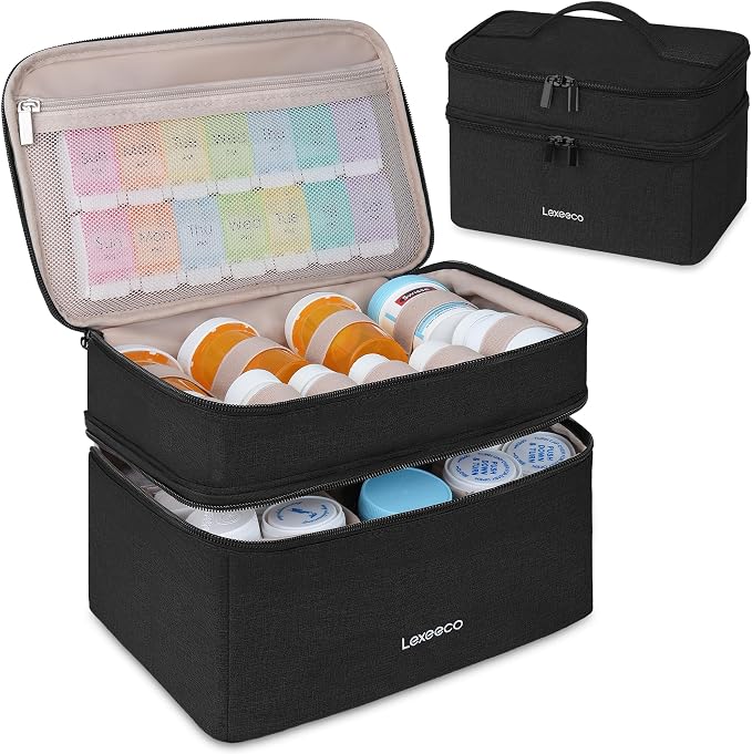 Lexeeco Dual Layers Medicine Pill Bottle Organizer Bag with Lockable Zipper | Portable Medication Bag for Pills,Vitamins,Fish Oil,Medicine Storage Box for College Dorm Student,Home,Large Travel Pill Case