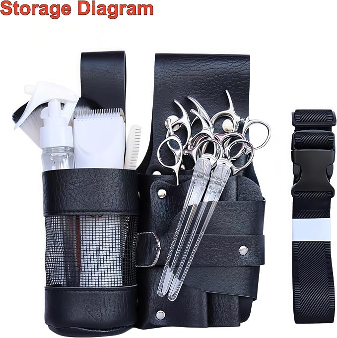 Vatti Professional Hairdressing Scissor Pouch | 5-Scissor Capacity Detachable Barber Tool Belt with Spray Bottle Holder for Hairstylists, Pet Groomers Black