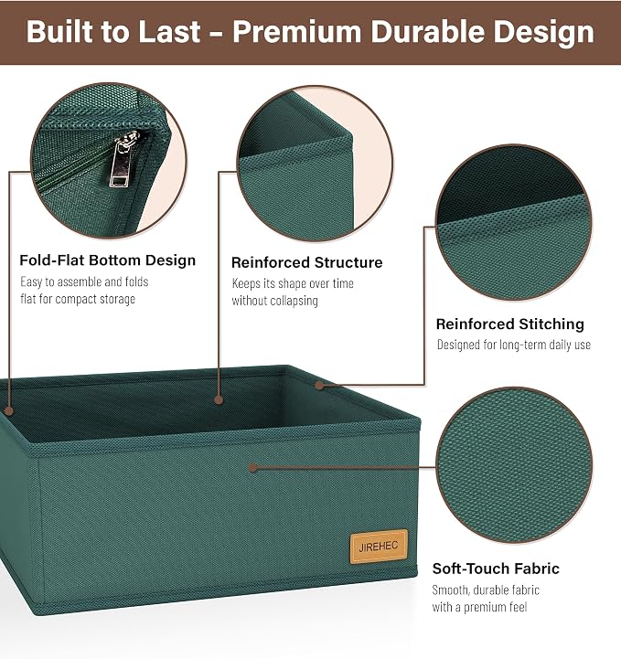 Dresser Drawer Organizer Clothes, 6 Pack Foldable Storage Boxes with Zipper, 600D Fabric, Green, Drawer Dividers for Underwear, Socks, Baby Clothes