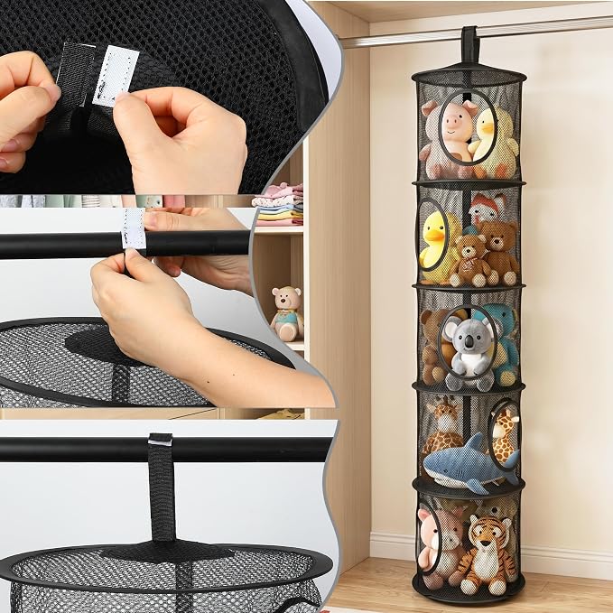 Hanging Stuffed Animal Storage Hammock Net 5 Tiers, Black | Hanging Mesh Storage Organizer for Kids Room, Holds Plushies, Gloves, Hats, Socks, Foldable Space-saving Design
