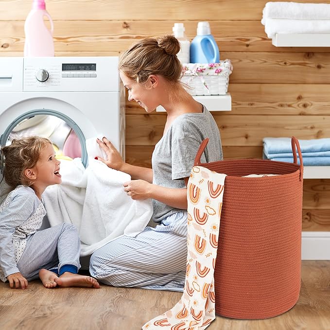 XUANGUO Cotton Rope Laundry Basket Hamper for Clothes Large Rust Red | Baby Nursery Hamper Bin and Woven Storage Basket for Living Room Bedroom Boho Tall Rope Baskets Blankets Toys Pillows Towels