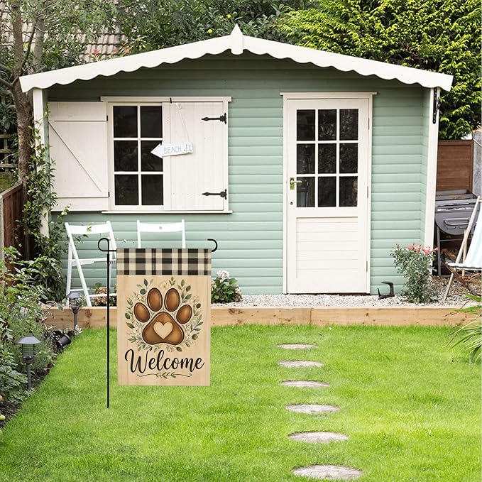 Welcome Golden Retriever Dog Cat Garden Flag With Leaves Buffalo Plaid Paw Prints Stained Glass Style For Outside 12x18 in