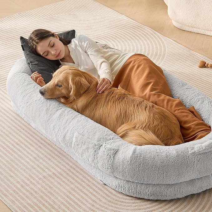 VEVOR Human Dog Bed, 67.7"x35"x9.8" Human Dog Bed for Adult People, Large Size Beds with Washable Faux Rabbit Fur Cover, Egg Orthopedic Foam, Storage Pocket, Bean Beds for You and Pet, Light Grey