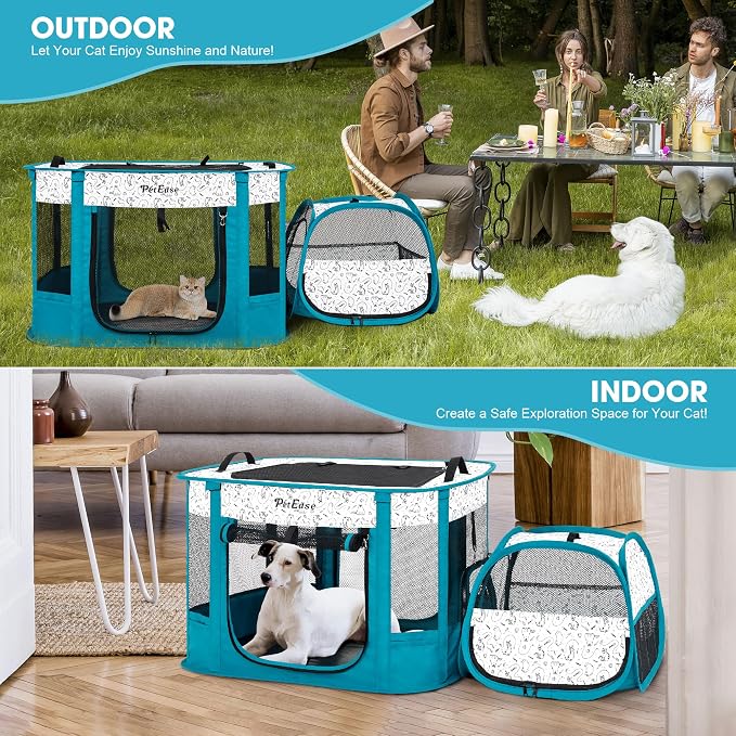 Portable Cat Playpen with Litter Box, Cat Enclosure for Camping, Cat Recovery Playpen After Surgery, Foldable Indoor Outdoor Pet Tent for Cats Rabbits Puppies (Peacock Blue)
