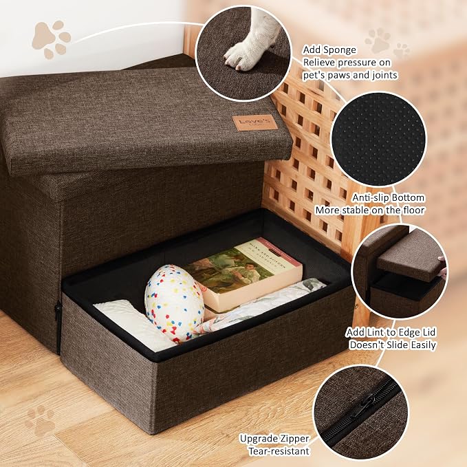 Love's cabin Dog Stairs for High Bed, Foldable Pet Stairs for Small Medium or Large Dogs Puppy with Storage for Bed or Couch, Cat Dog Steps Ramp with Zip up to 200 lbs, Coffee, 2 Steps