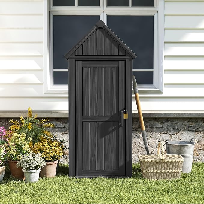 Outdoor Storage Cabinet, Lockable Vertical Resin Storage Shed, Black