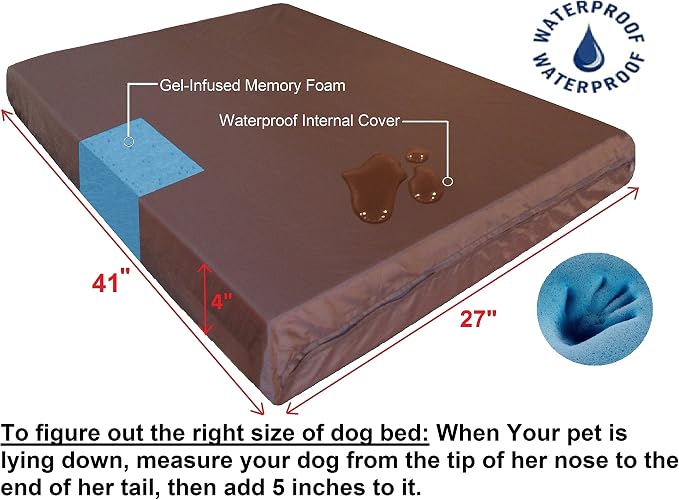 Dogbed4less Ultimate Memory Foam Dog Bed, Orthopedic Joint Relief for Small Medium to Extra Large Dogs with Waterproof Liner and Durable Machine Washable Pet Bed Cover, Denim Brown, 41x27x4 Inch
