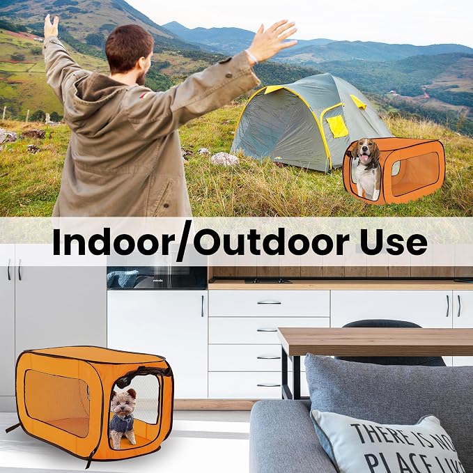 Portable Collapsible Pop Up Kennel, 32.5" L x 19.5" W x 19.5" H, Orange | Collapsible indoor/outdoor travel cat and dog crate with mesh screen windows pops up and folds flat for easy storage