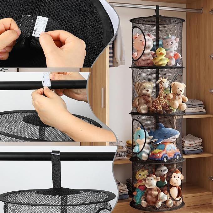 Hanging Stuffed Animal Storage Hammock Net 4 Tiers, Black | Hanging Mesh Storage Organizer for Kids Room, Holds Plushies, Gloves, Hats, Socks, Foldable Space-saving Design