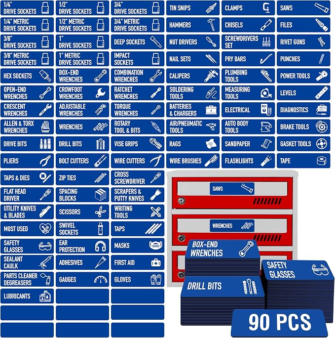 90 PCS Magnetic Toolbox Labels, 82 Pre-Printed & 8 Blanks Large Size Tool Chest Organizer Labels Strong Magnetic & Easy to Read Printing Fits All Brands of Steel Tool Box Drawers (Blue, 3.5” x 1”)