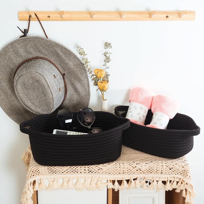5-Piece Storage Baskets for Organizing, Small Woven Rope Baskets for Storage and Shelves, Dog Cat Toy Basket Box, Pantry Bathroom Organization Bins, Nightstand Organizer, Full Black