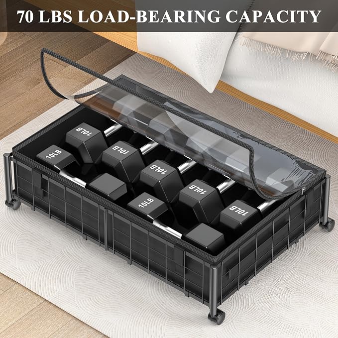 Hleelomi Under Bed Storage with Wheels and Storage Bag, 360° Rolling Under Bed Metal Drawers for Clothes, Blankets, Books and Shoes,Black， 2pack