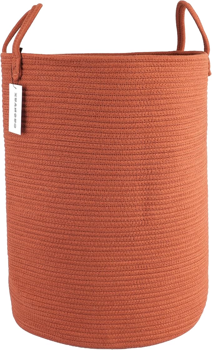 XUANGUO Cotton Rope Laundry Basket Hamper for Clothes Large Rust Red | Baby Nursery Hamper Bin and Woven Storage Basket for Living Room Bedroom Boho Tall Rope Baskets Blankets Toys Pillows Towels