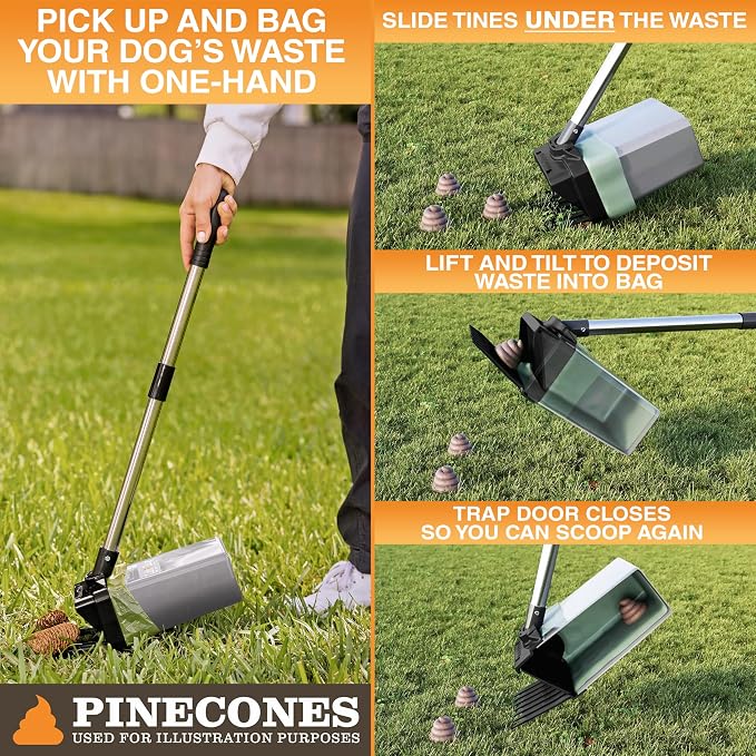 Neater Pet Brands Lift N’ Bag 2.0 Dog Pooper Scooper with Bag Attachment & 22" Pole for Small to Large Dogs, New & Improved Design, 60 Refill Bags, Heavy Duty Dog Poop Scooper for Yard, One-Hand Use
