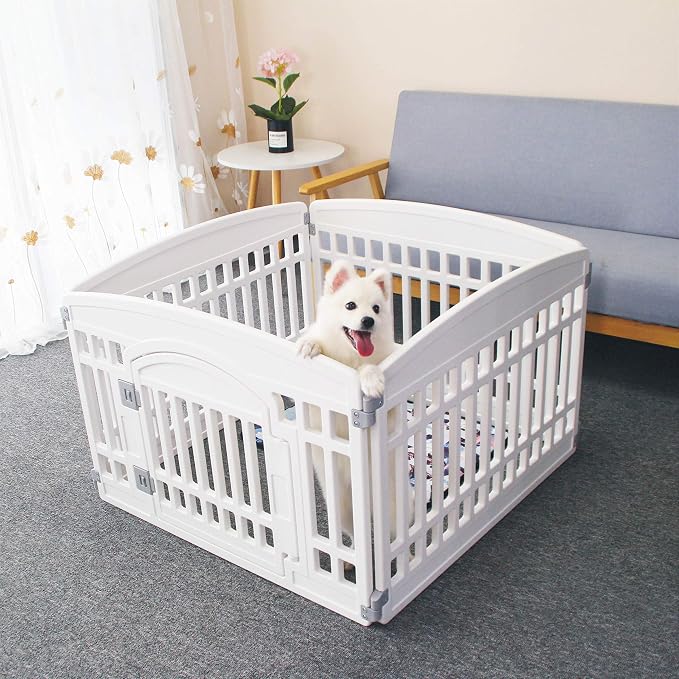 Gupamiga 4-Panel Plastic Puppy Playpen 33.5x33.5in White for Small Dogs | Heavy duty thick plastic, tool-free assembly, foldable storage, indoor & outdoor use for puppies, rabbits and small animals