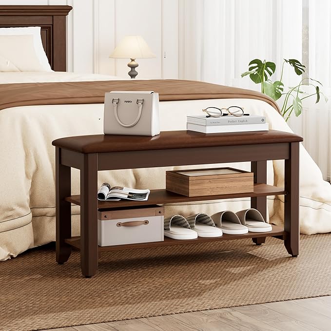 Homleke 31.5" Wide Solid Wood Shoe Rack Bench with Flip-Top Storage | 2-Tier Entryway Bench with Cushion, Adjustable Shelf, Holds Up to 8 Pairs, for Hallway, Bedroom and Closet, Walnut