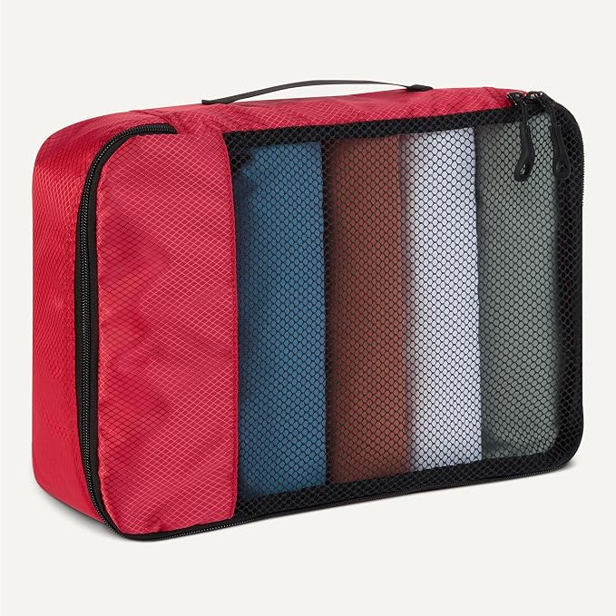 Amazon Essentials 4-Piece Packing Cubes Travel Accessories Set, Luggage Organizer, Double Zipper, Mesh Top, Space-Saving Suitcase Organizer, Small/Medium/Large/Slim, Red (Previously Amazon Basics)