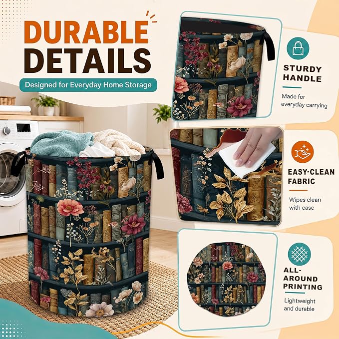 Vintage Bookshelf Flowers Laundry Basket,Foldable Oxford Laundry Hamper with Handles,Portable Clothes Tote Bag Clothes Storage Bucket Organizer 20.8" x16" For Bathroom/Laundry Storage/Bedroom
