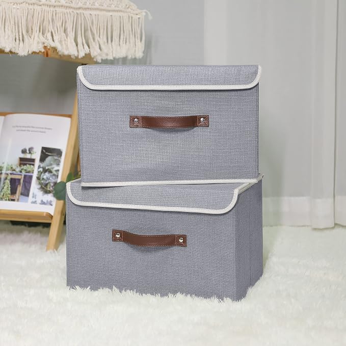ANMINY Fabric Storage Box Bins with Lids, Gray, 15"x10"x10", 4 Pack | Keepsake Memory Storage, Cotton Linen, PP Board Reinforced, Washable, PU Handles, Foldable & Stackable, Decorative, Large
