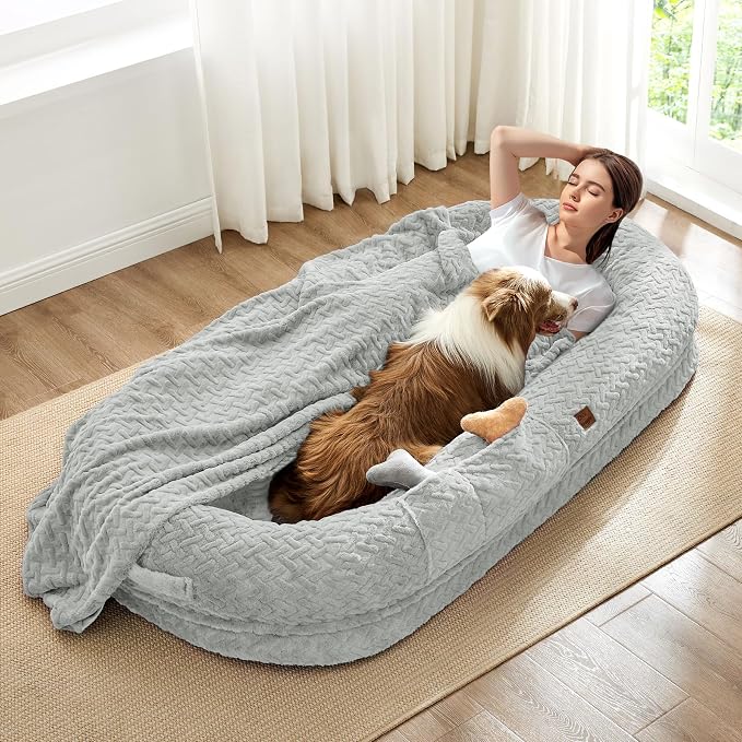 ChiXnuggle Orthopedic Human Dog Bed,with Faux Fur Washable Cover,Blanket | light grey,72*40*10,giant dog bed for adult or extra large dogs,egg crate foam,non-slip bottom